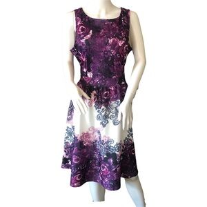 OWEN XL‎ NWT Purple White Floral Dress Fit Flare Midi Coquette Empire Waist Chic